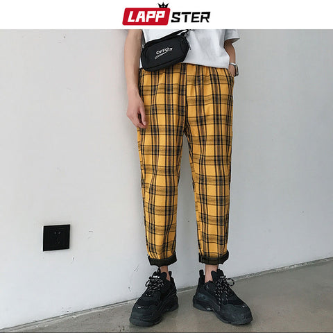 LAPPSTER Streetwear Yellow Plaid Pants Men Joggers 2020 Man Casual Straight Harem Pants Men Korean Hip Hop Track Pants Plus Size