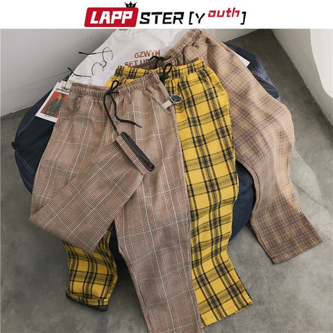 LAPPSTER-Youth Streetwear Black Plaid Pants Men Joggers 2020 Mens Straight Harem Pants Men Korean Hip Hop Trousers Plus Size